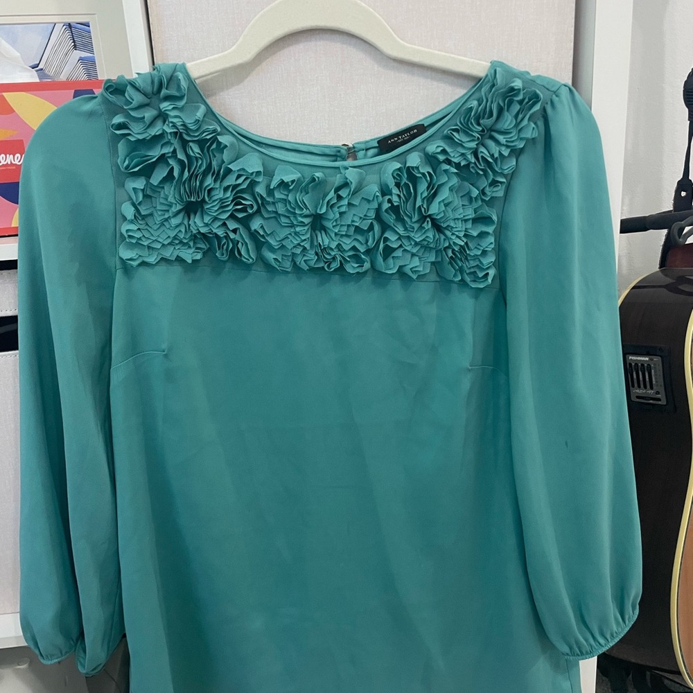 Ann Taylor Elegant Teal Blouse with Floral Accents
